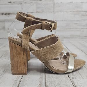 Raye Tan Metallic Gold Lana Block Heel Suede Sandals Sz 36.5